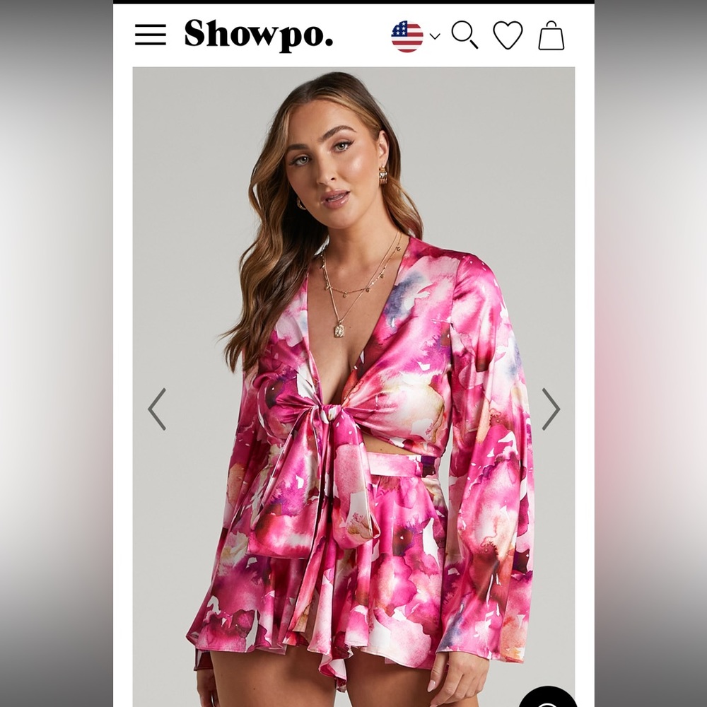 NWT Showpo ALODIA BELL SLEEVES TIE FRONT PLAYSUIT IN PINK WATERCOLOUR